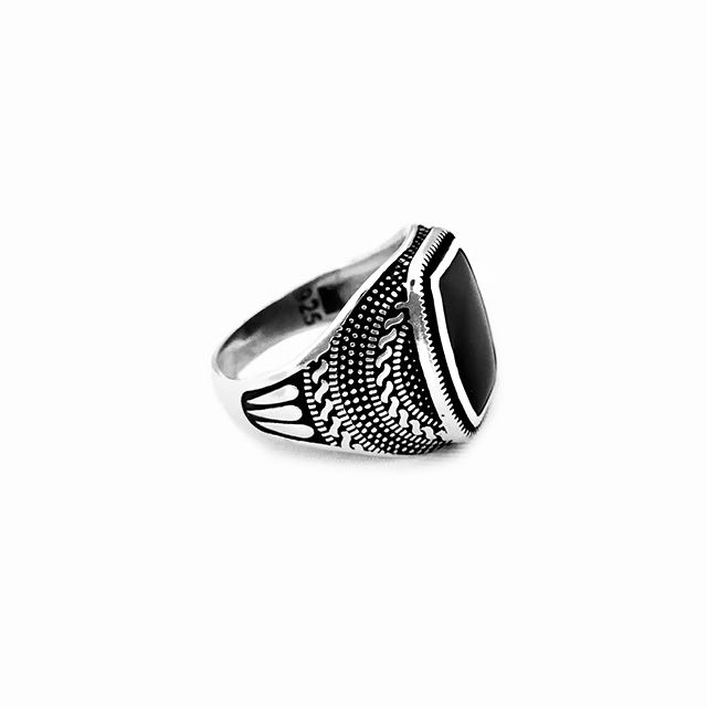 925 Sterling Silver Warrior Ring with Onyx Stone Side View