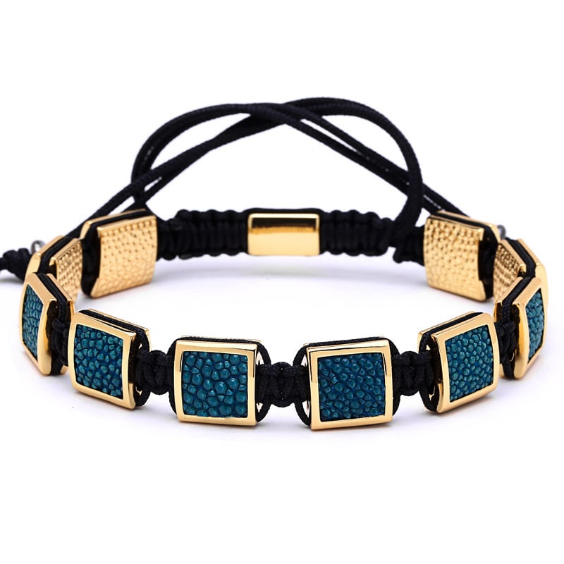 Gold Bracelet with Blue Stingray Leather